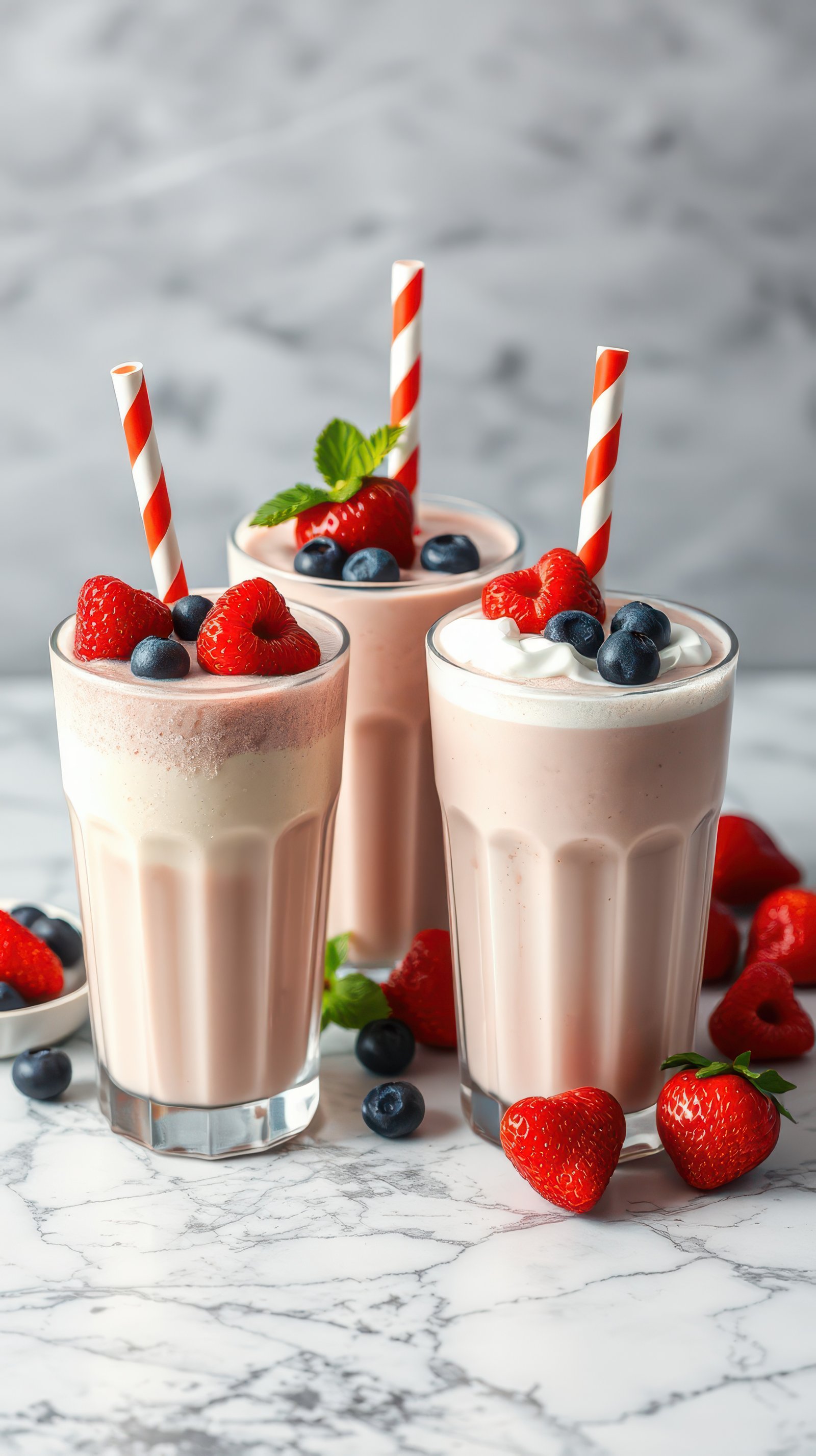 Refreshing berry smoothies with whipped cream and mint on a marble countertop